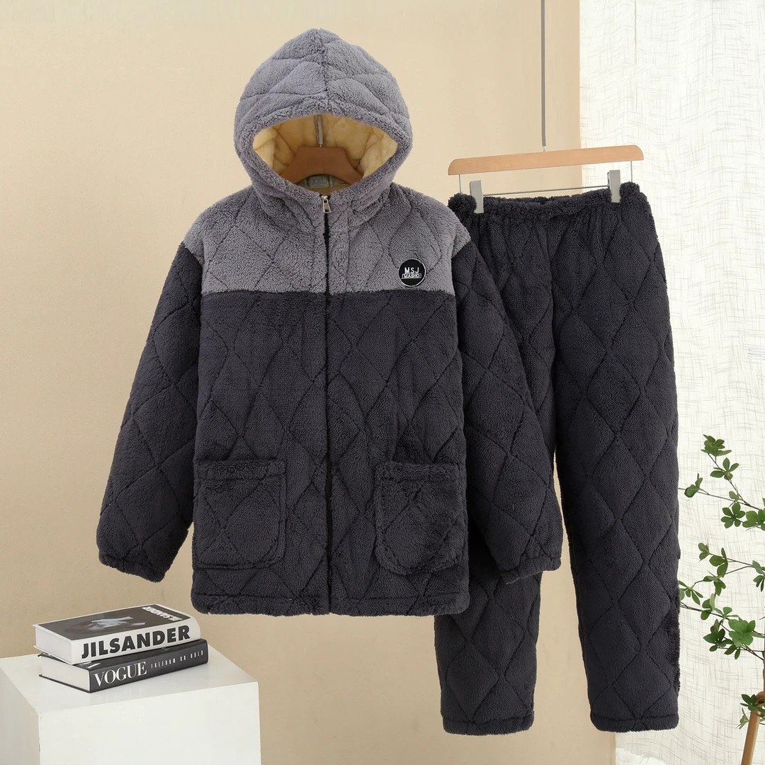 爆款2024男士睡衣冬款加绒加厚法兰绒连帽可外出睡衣秋冬季家居服