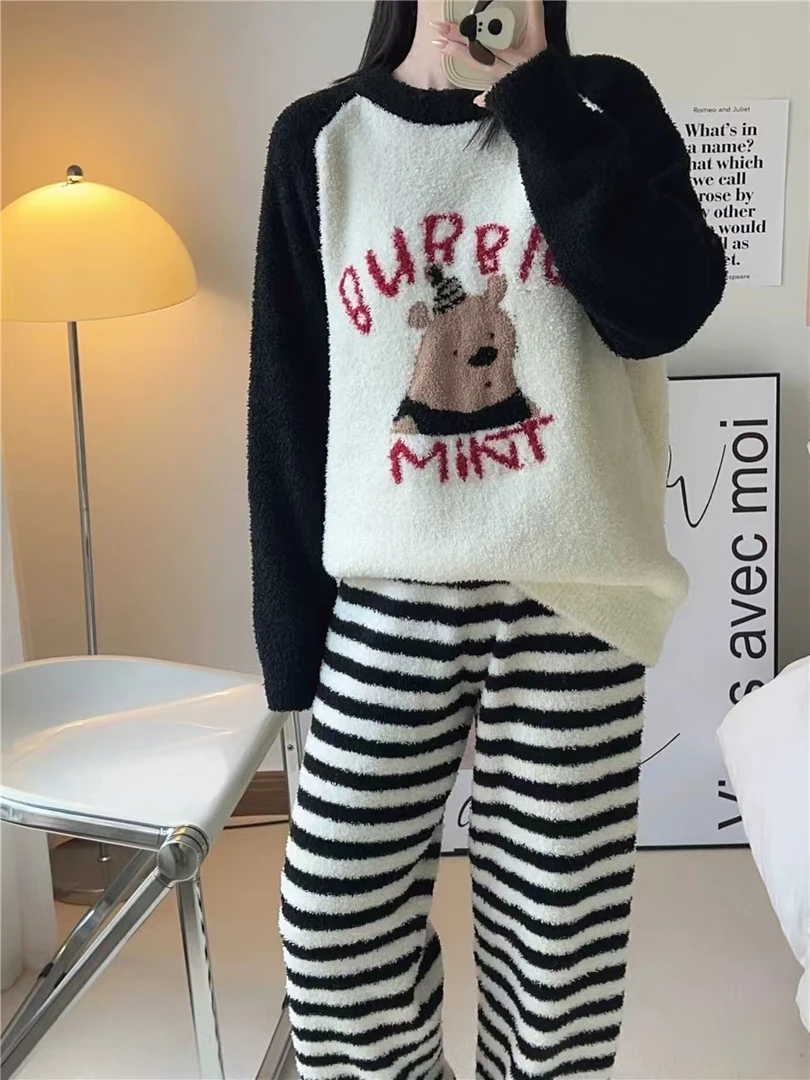 小舞【瞌睡小熊】睡衣套装冬季加厚圆领保暖软绵绵半边绒睡衣家居服