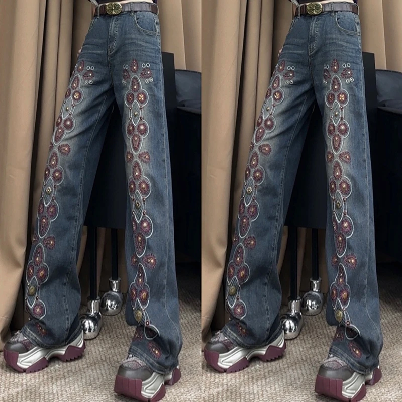 秋季个性做旧宽松复古水洗民族风直筒高街高腰显瘦牛仔裤-G0-12