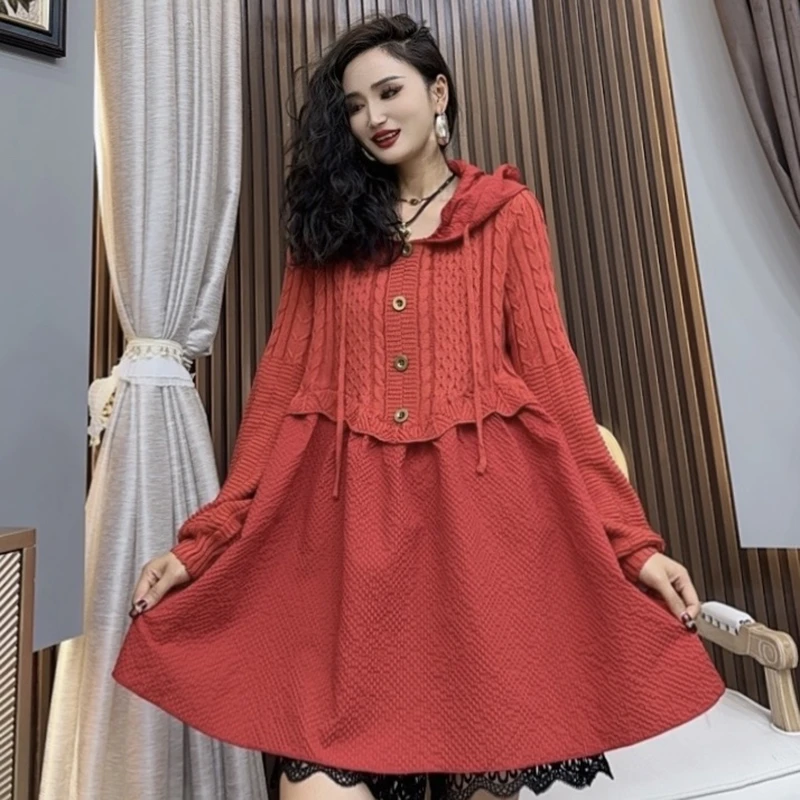 新款针织连衣裙女2024秋季新款时尚气质撞色连帽中长款裙子-66557