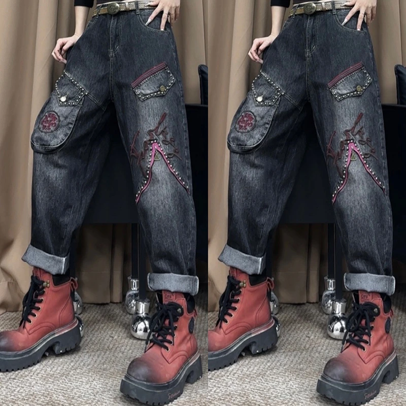 阔腿牛仔裤女时尚口袋夏季新款垂感胖显瘦小个子直筒牛仔裤-3132