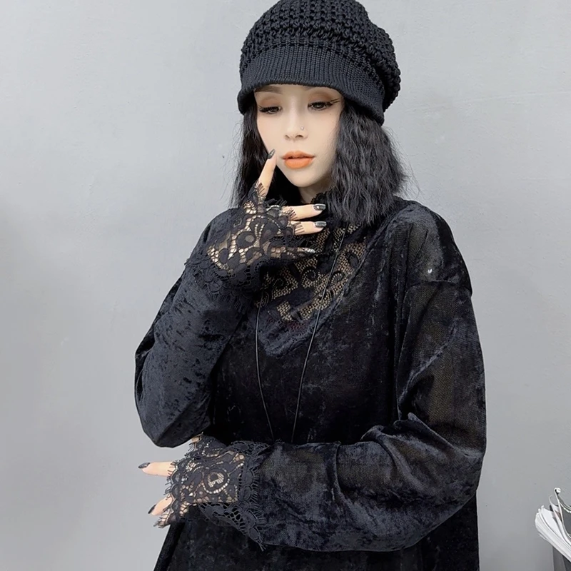 法式新款丝绒蕾丝打底衫女T恤女秋季时尚宽松长袖气质上衣-1938