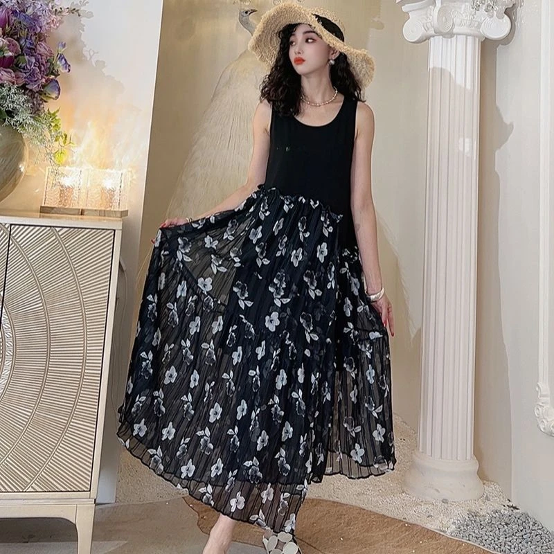 新款大码碎花无袖连衣裙女夏季时尚拼接设计A字宽松连衣裙-83146