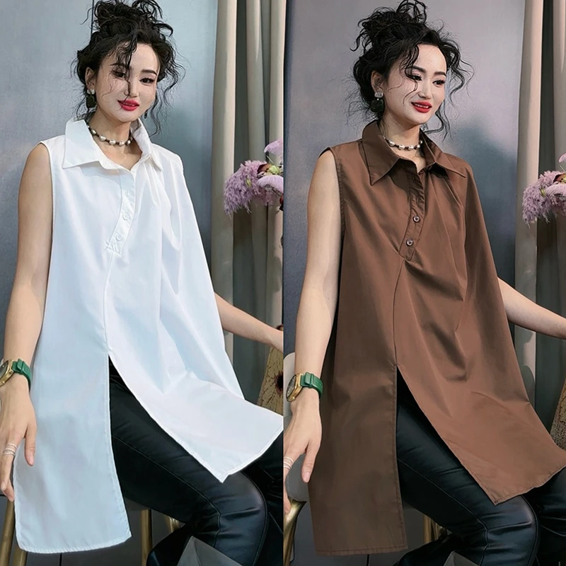 秋季新款休闲上衣衬衣纯色中长款韩版女装时尚洋气无袖衬衫-88002