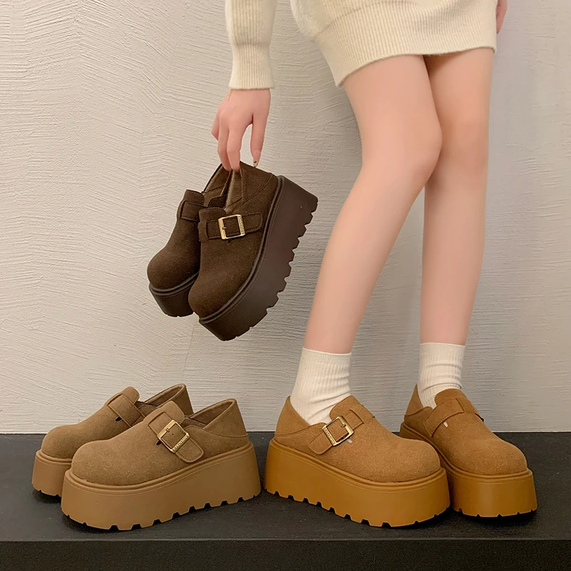复古厚底一脚蹬勃肯鞋女2024新款秋冬小个子增高两穿百搭乐福棉鞋