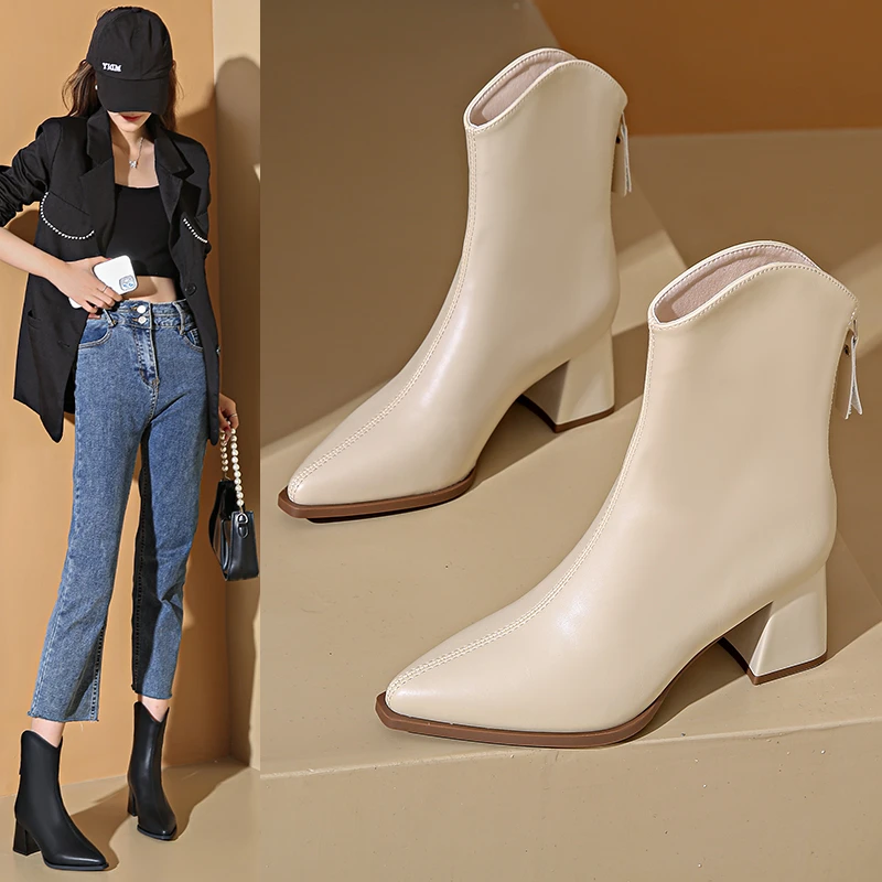 尖头粗跟单靴子女2024秋冬季新款今年流行的女鞋高级感小个子短靴