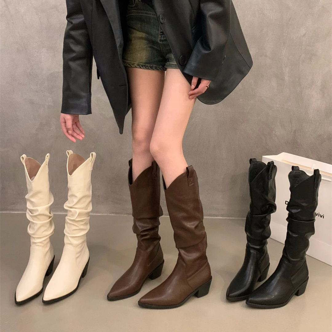 尖头黑色西部牛仔靴女2024年 秋季新款复古气质V口时尚长筒骑士靴