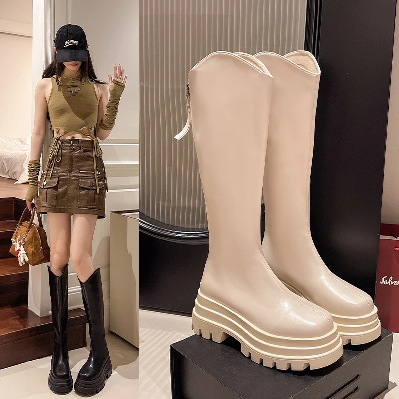 马丁靴长筒靴女棕色靴子2024秋季新款粗跟时尚百搭高筒厚底骑士靴