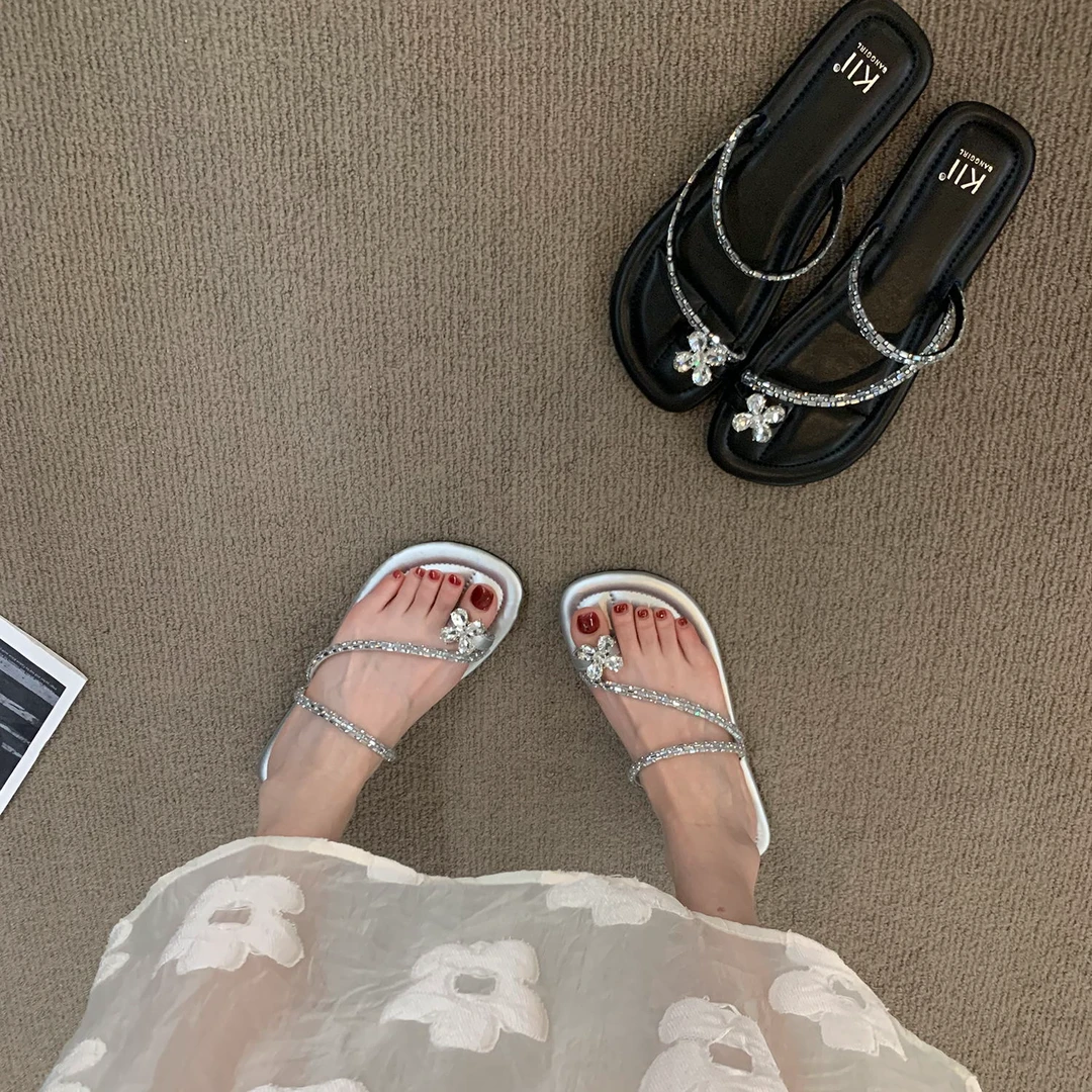 晚风水钻套趾法式拖鞋仙女风凉鞋2024夏季爆款外穿银色凉拖女鞋子