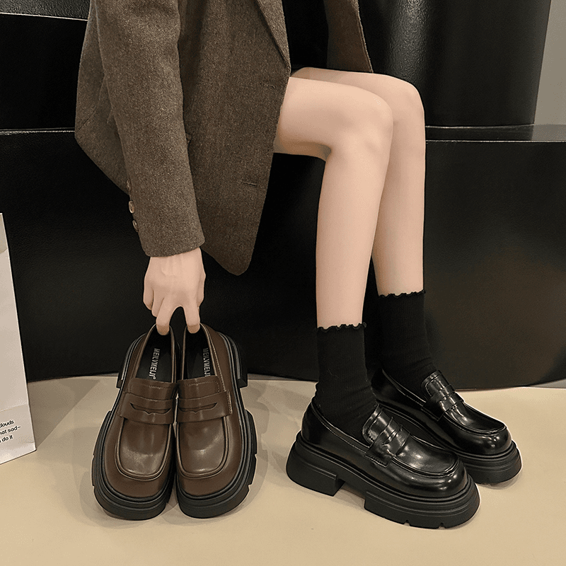 棕色小皮鞋女2023年秋季新款百搭时尚复古英伦风厚底小个子乐福鞋