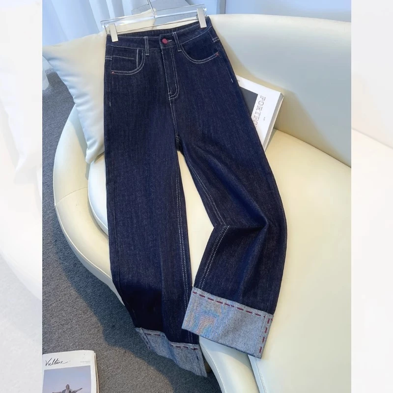 丹宁蓝拼接撞色直筒牛仔裤女春秋季2025新款高腰显瘦九分裤阔腿裤