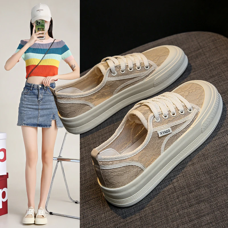 小香风网纱帆布鞋女2024夏季新款厚底镂空透气百搭休闲板鞋渔夫鞋