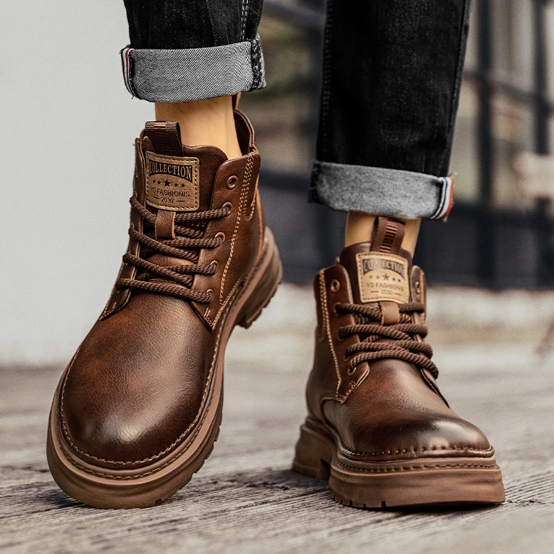 真皮马丁靴男款2024秋冬季新款黑色高帮皮靴英伦风软皮增高短靴子