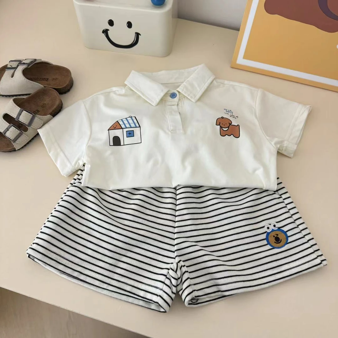 512小房子polo衫条纹裤套装