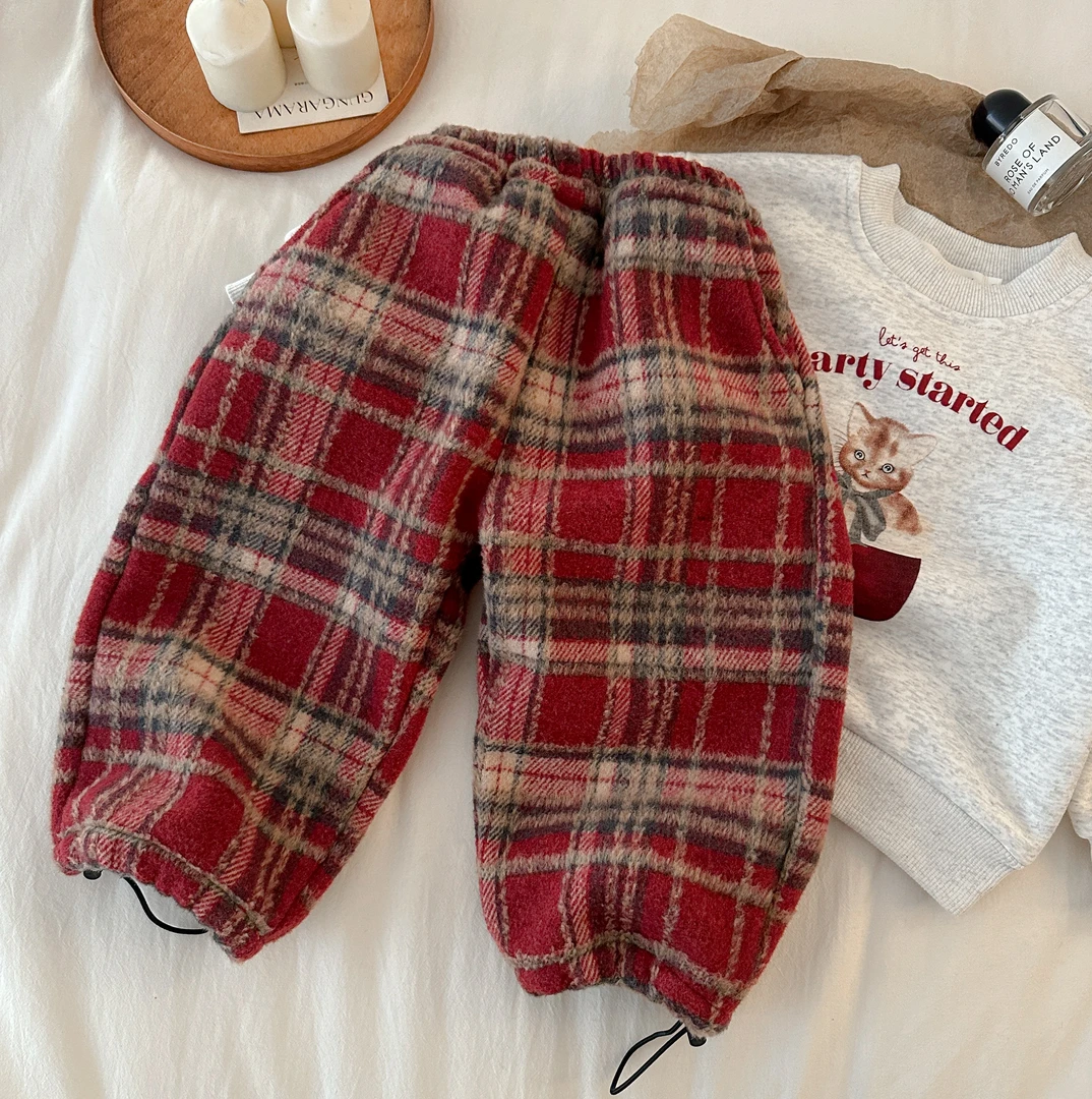 新年红色格子加绒裤子