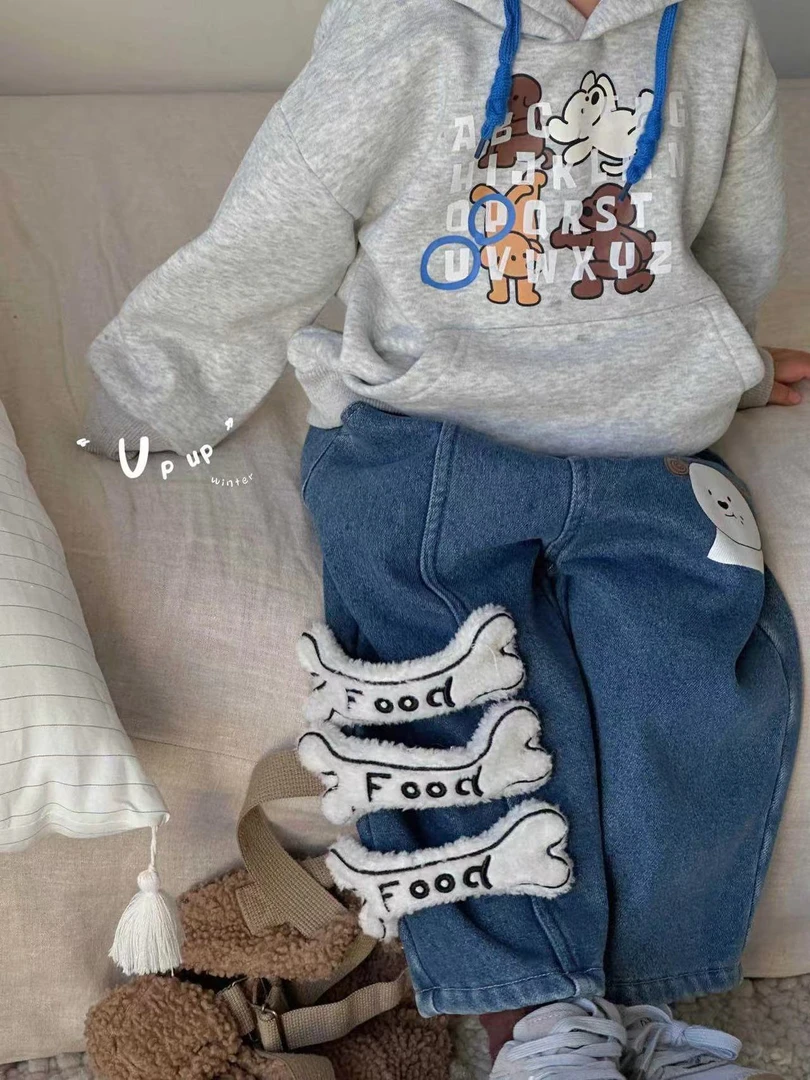 UP80137深秋加绒趣味儿童牛仔裤