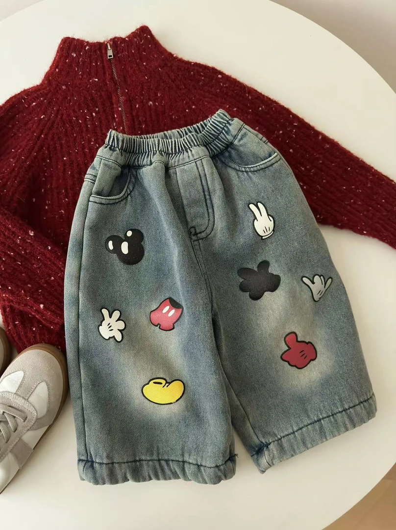 CICI经典百搭米奇加绒儿童直筒牛仔裤