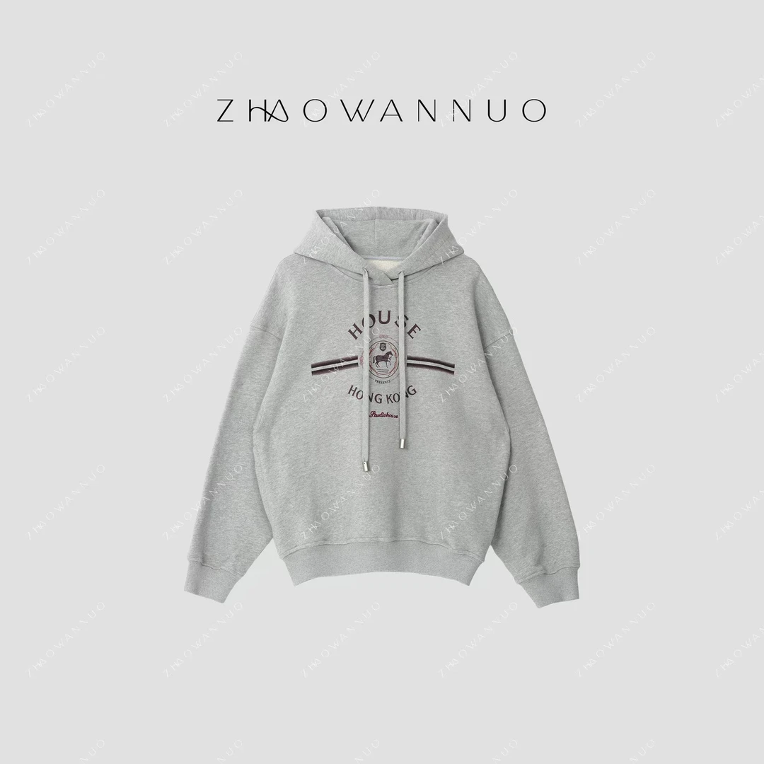 ZHAO WANNUO 丨 24秋冬灰色高级感字母印花连帽卫衣NC0033