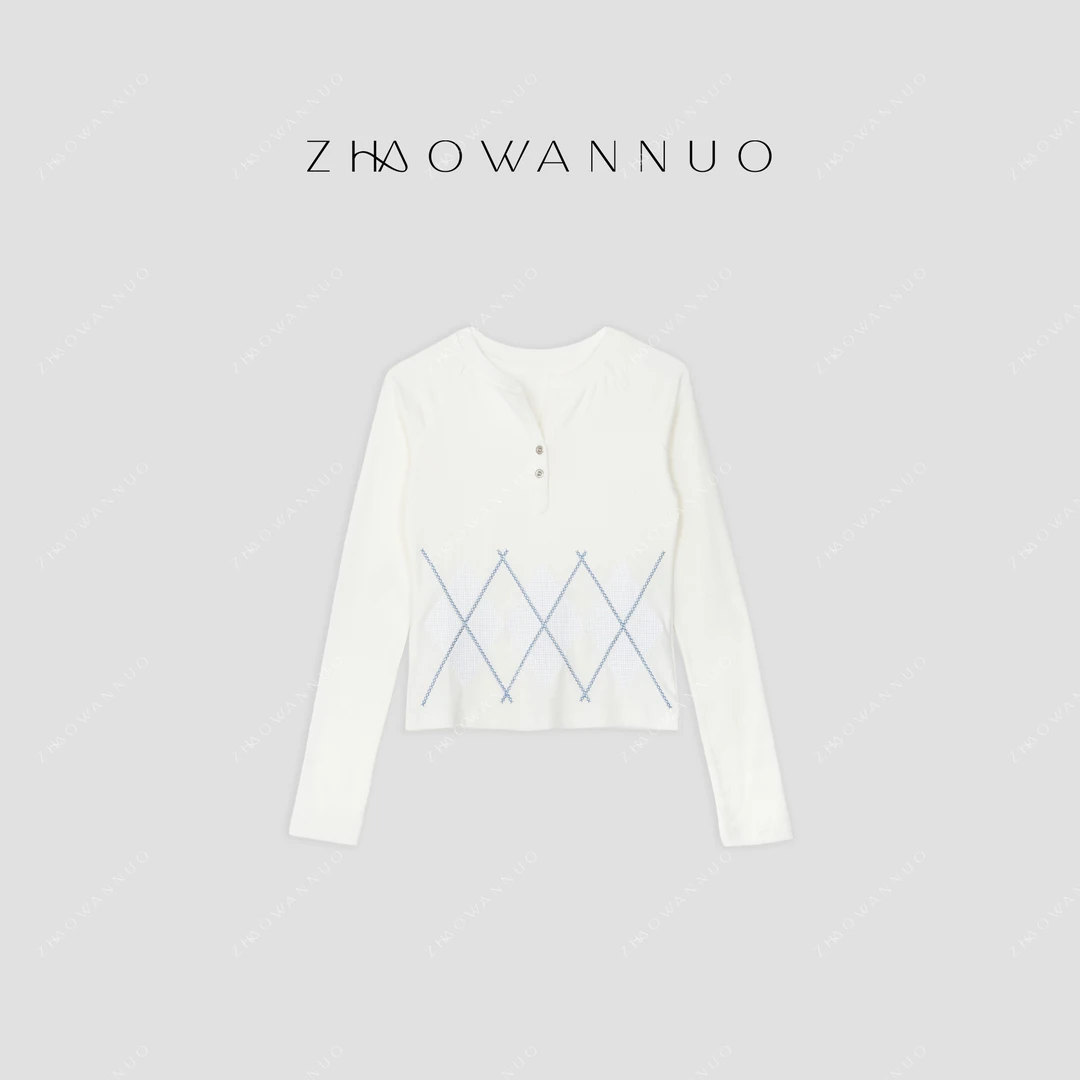 ZHAO WANNUO 丨 25早春亨利领刺绣菱格修身长袖打底衫T恤NC0132