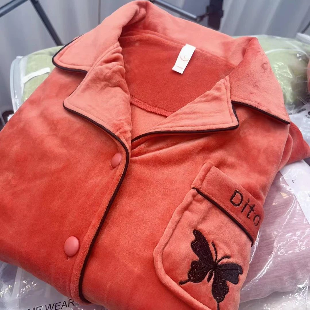 【米兔家居服】CD168海岛绒枫叶红蝴蝶款秋冬加厚长袖长裤