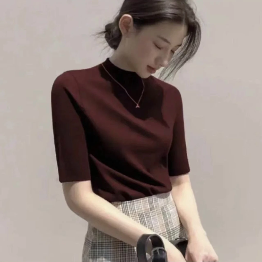 五分中袖打底衫女春夏季内搭薄款百搭半高领t桖纯色时尚洋气