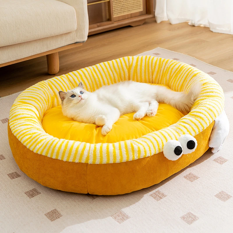 新款秋冬保暖猫窝探头大眼萌椭圆狗窝开放式宠物睡觉猫床狗床用品