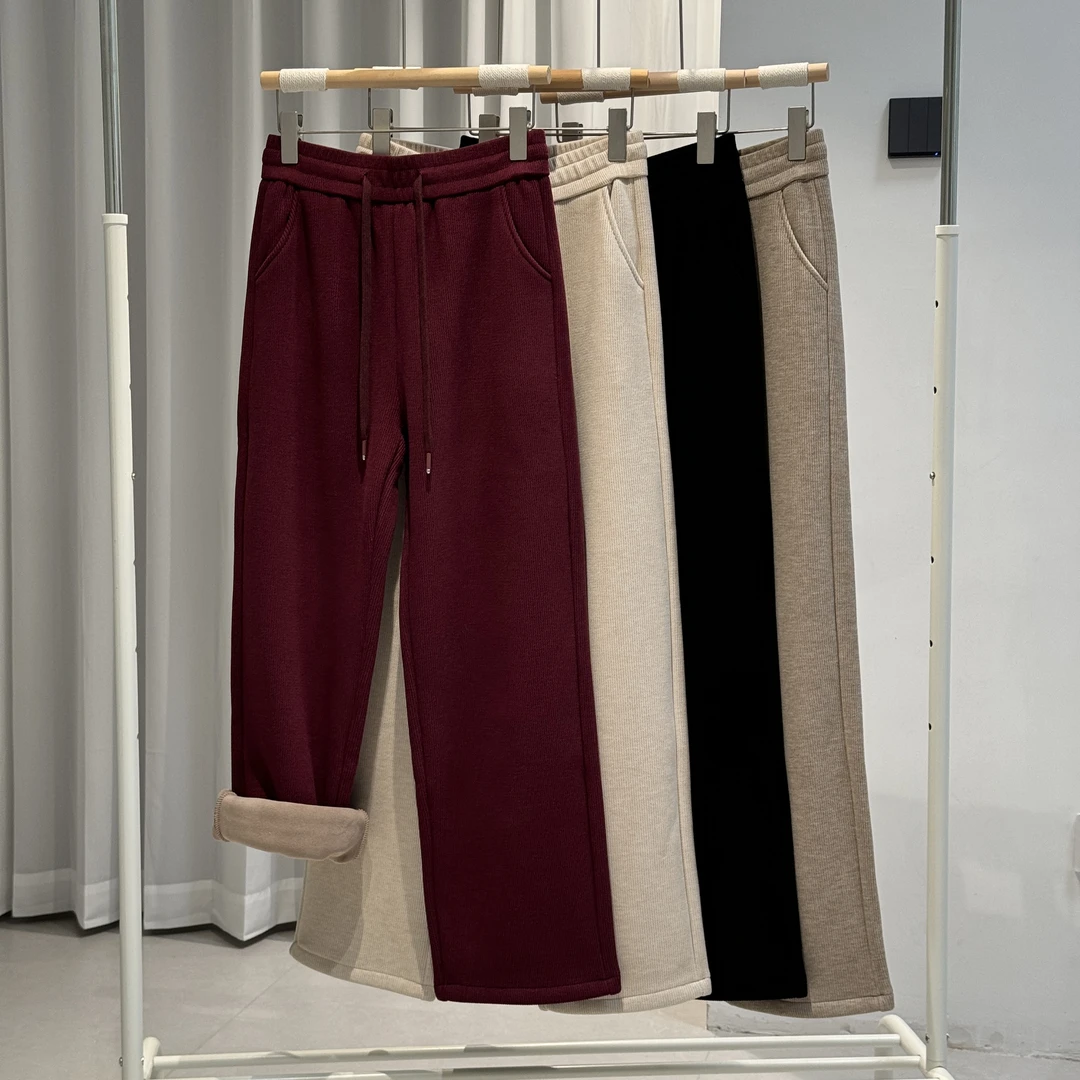 秋冬新款加绒加厚女士长裤针织时尚休闲百搭冬季高腰纯色宽松舒适