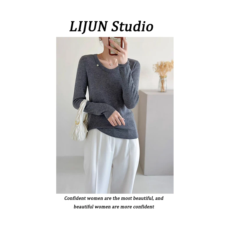 LIJUN Studio针织衫羊毛混纺软糯细腻纯色修身百搭毛衣女打底衣