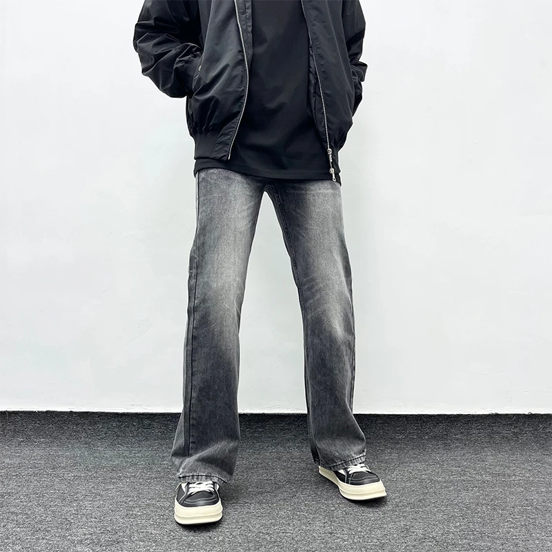 美式复古黑灰牛仔裤男士宽松直筒微喇修身水洗休闲百搭阔腿长裤子