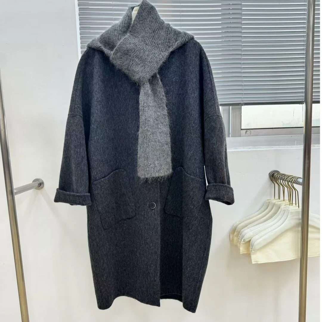 韩版针织连帽驼绒羊毛大衣慵懒风