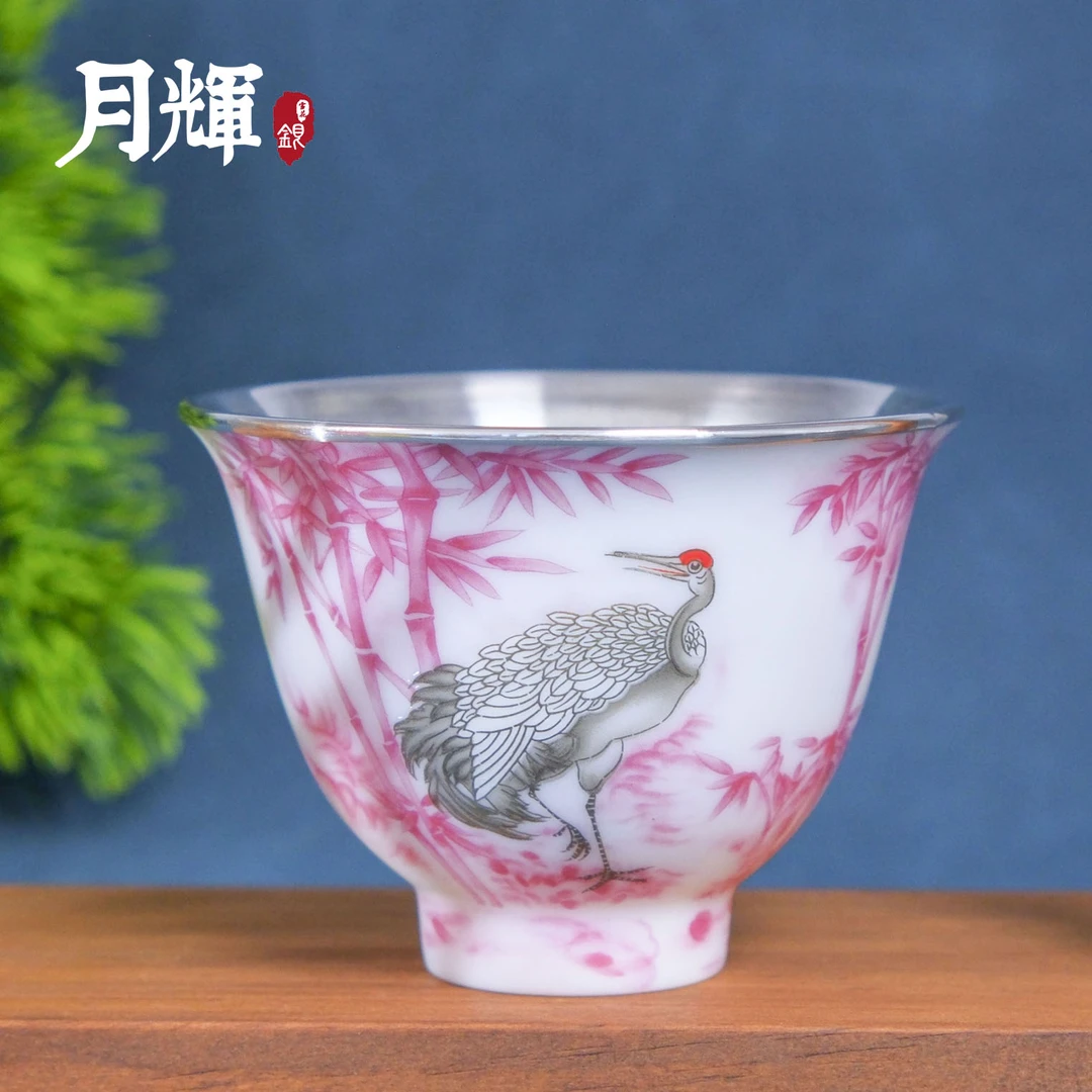 月辉银器 足银银制品 足银茶杯瑞鹤银茶杯XN-03仙鹤水杯银水杯