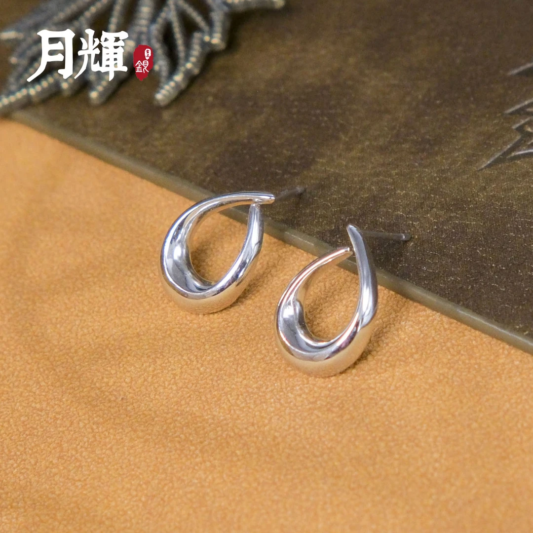 月辉银器 925银耳饰 Y08 镂空水滴圆纯银耳钉 时尚简约大气耳钉