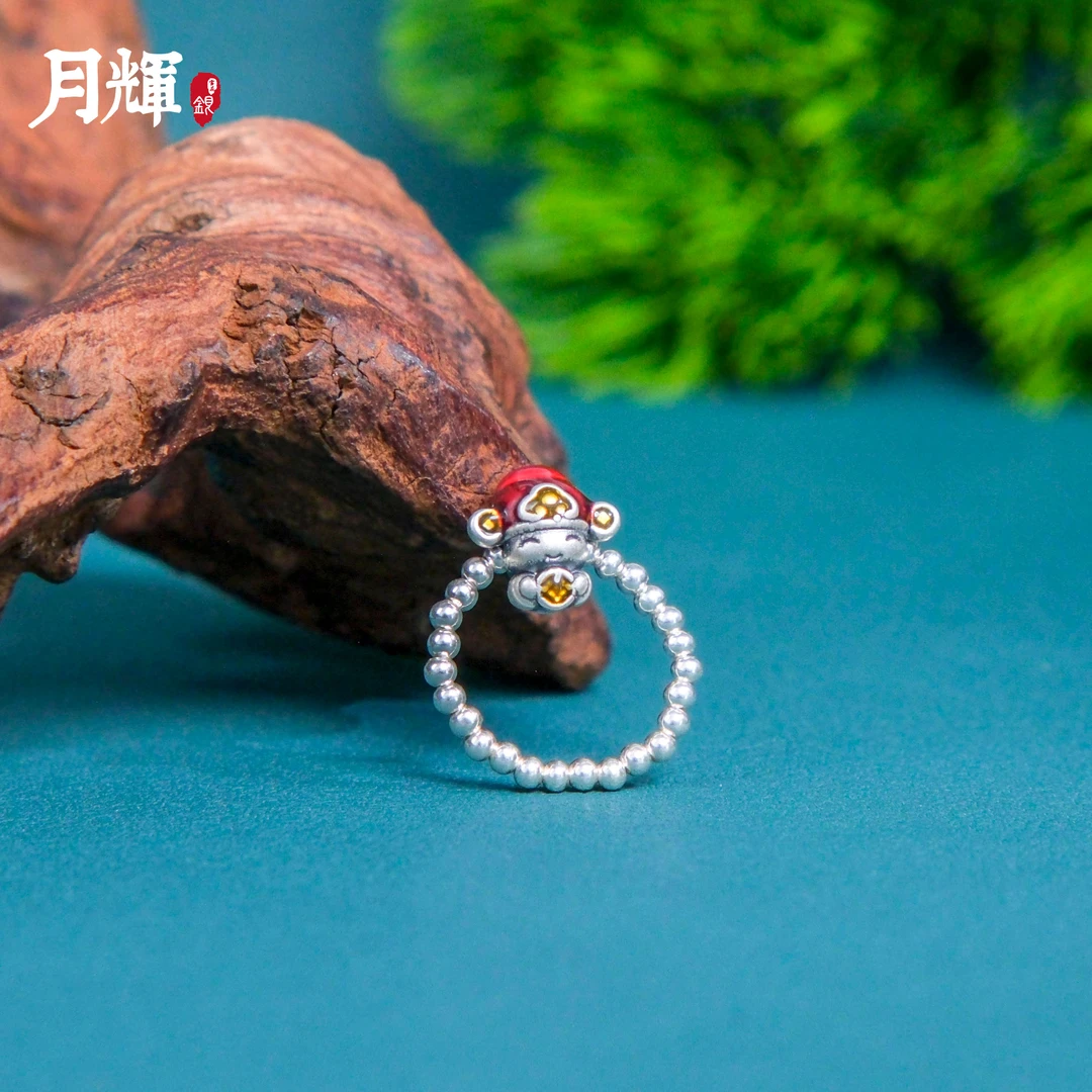 月辉银器 足银戒指 B87 财神珠珠戒指时尚可爱银制品彩色