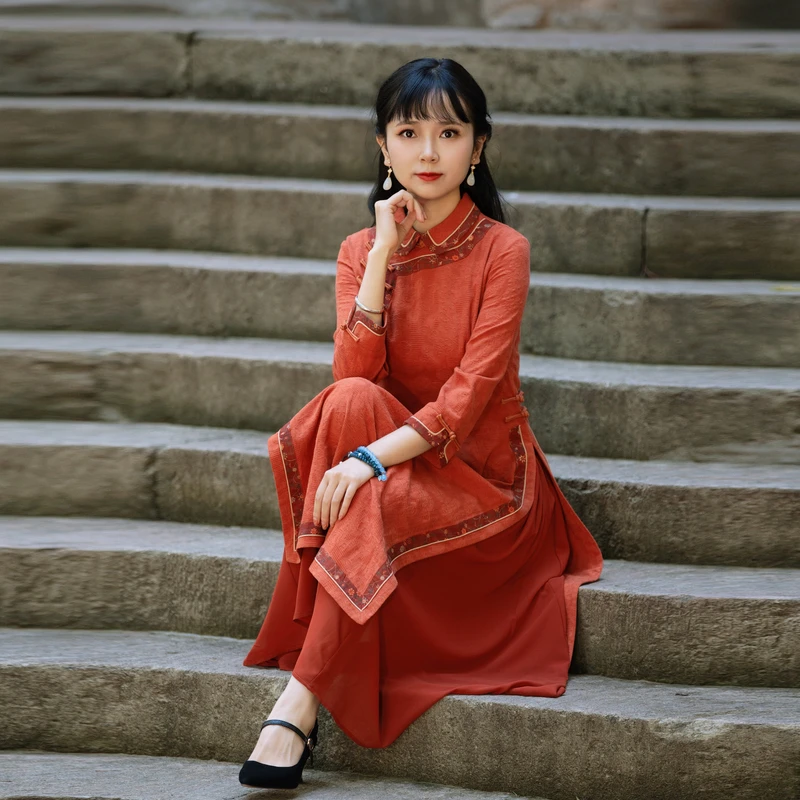 如意风奥黛旗袍中国风新款连衣裙女长款时尚开叉裙子 22J163