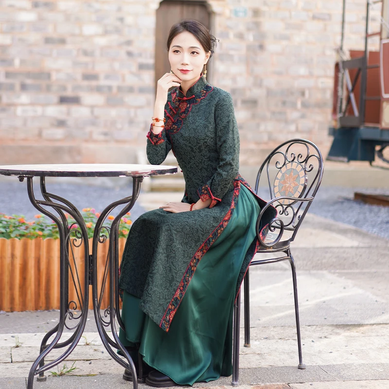 如意风冬季新款奥黛旗袍中国风连衣裙收腰显瘦复古气质裙子24R696