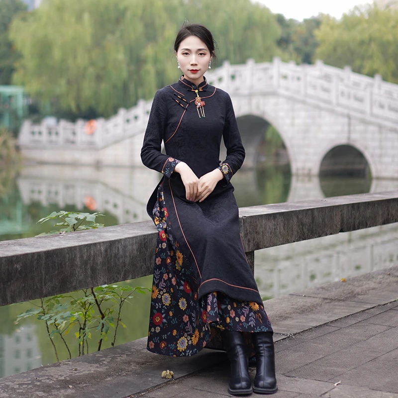 如意风冬季新款民国复古改良旗袍裙女新中式优雅中长款旗袍24J482