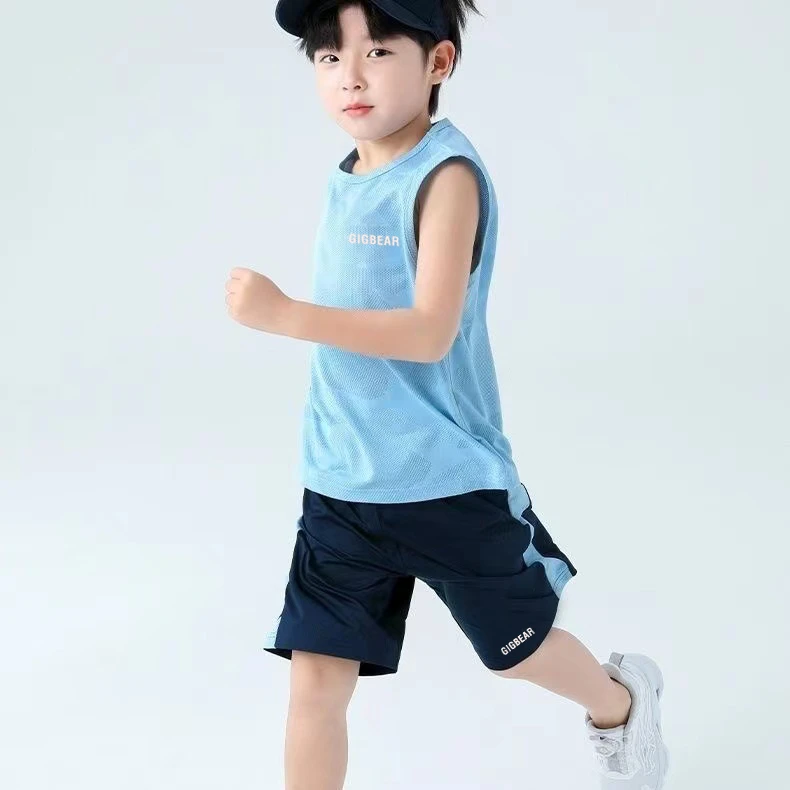 儿童背心套装夏季男童运动透气无袖套装中大童两件套