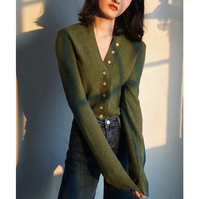 法式绿色V领打底毛衣针织开衫外搭女秋季不规则叠穿气质外套上衣