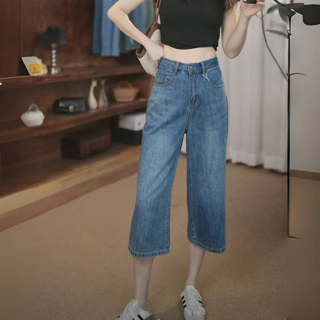 复古蓝七分阔腿裤牛仔裤女薄款高腰中裤无弹宽松小个子阔腿裤窄版