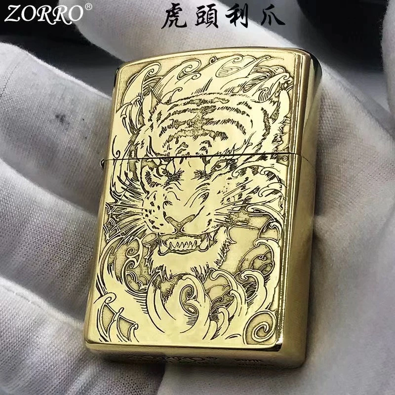 ZORRO/佐罗黄铜虎头        创意打火机男士精雕复古盔甲机五面