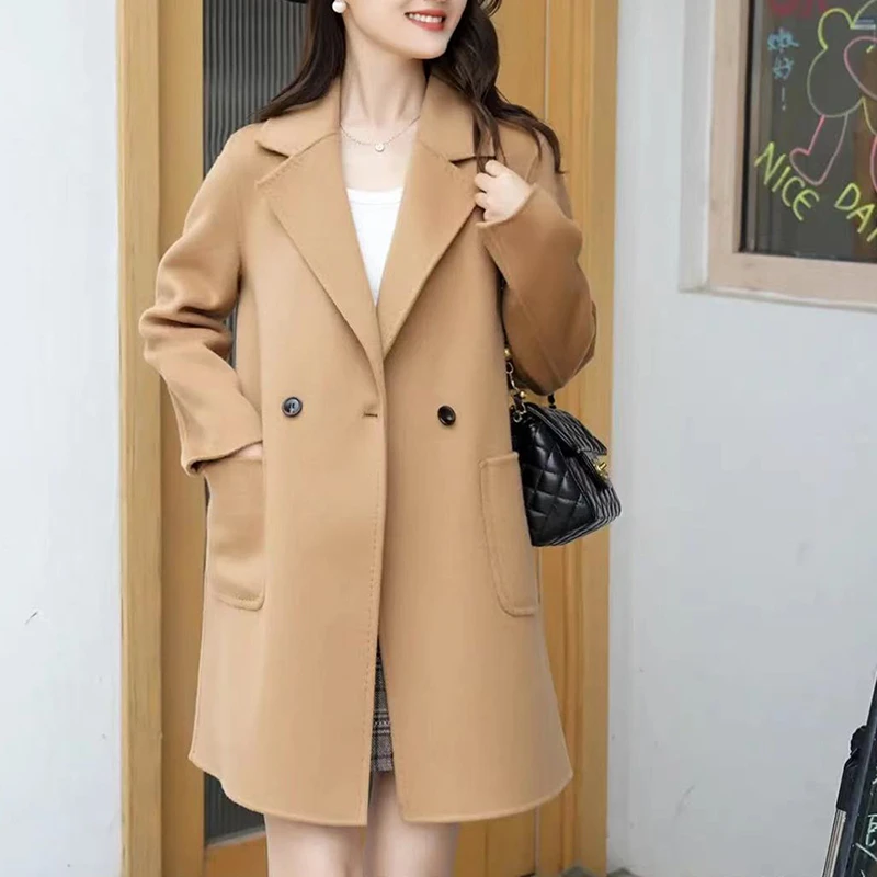 秋冬款中长款修身显瘦百分百羊毛双面呢大衣气质韩版100%羊毛大衣