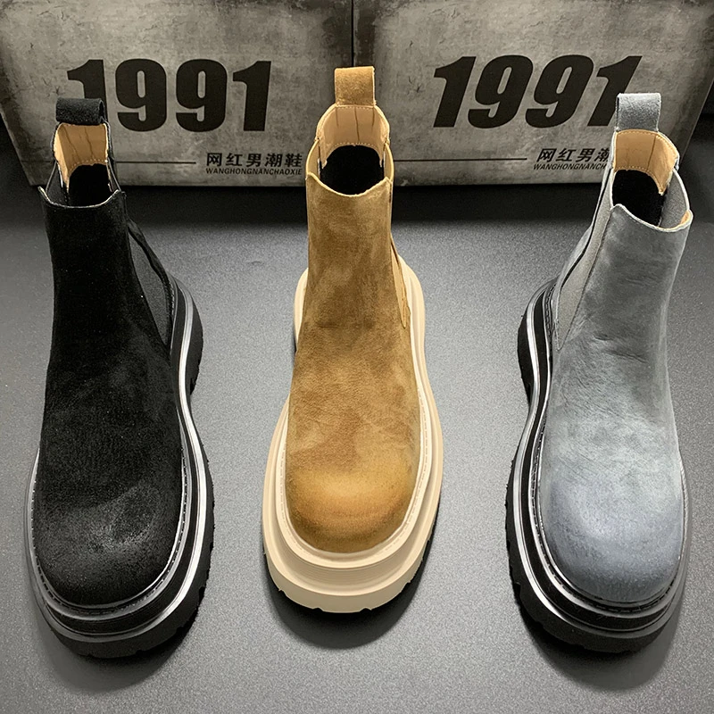 男鞋秋季一脚蹬烟筒靴男高帮英伦2023新款马丁靴厚底中帮休闲男靴