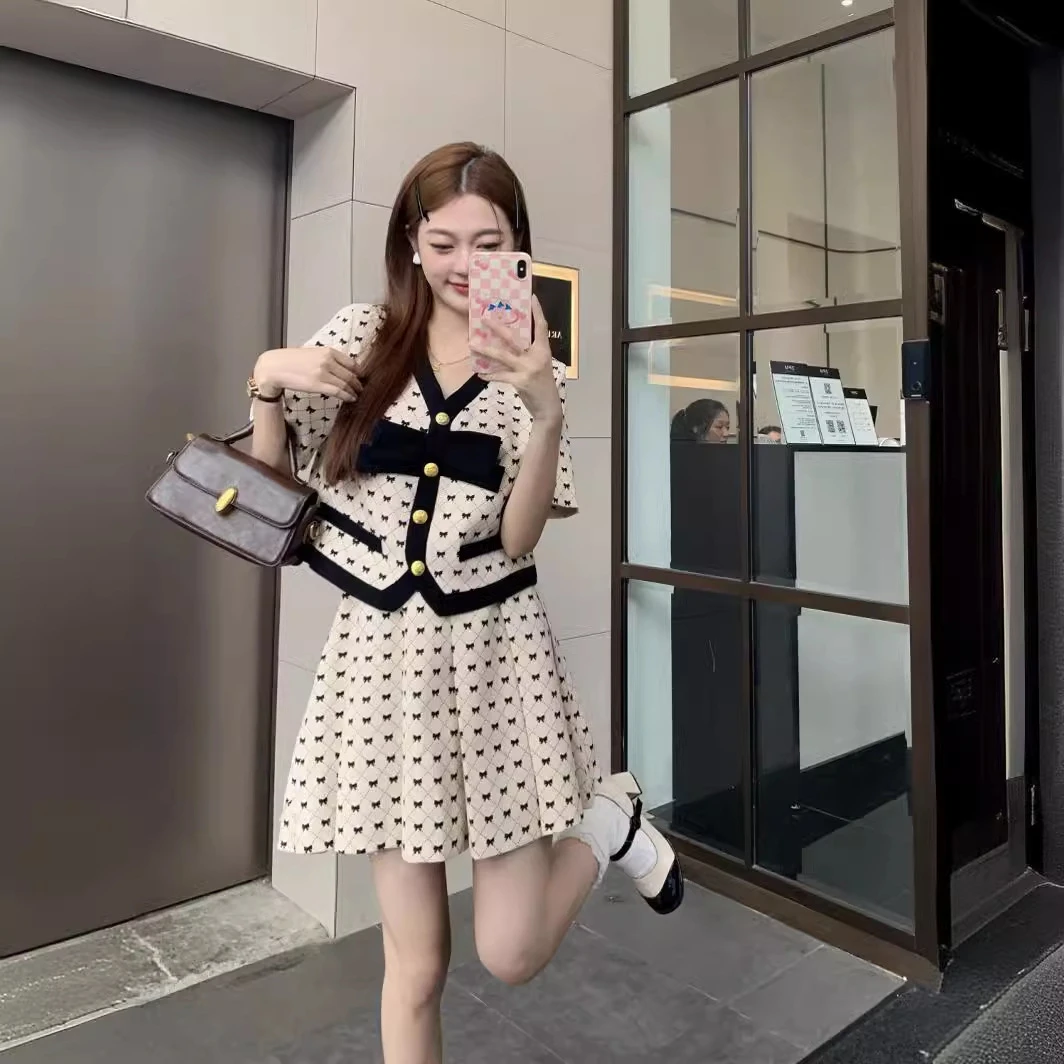 大码女装时尚小香风短裙子套装法式气质短款百褶半身裙两件套夏季