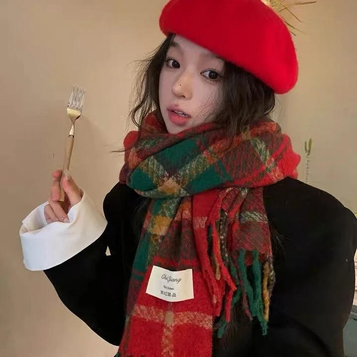 【Muusu】红色围巾女韩系氛围感格子保暖学生高级感围脖