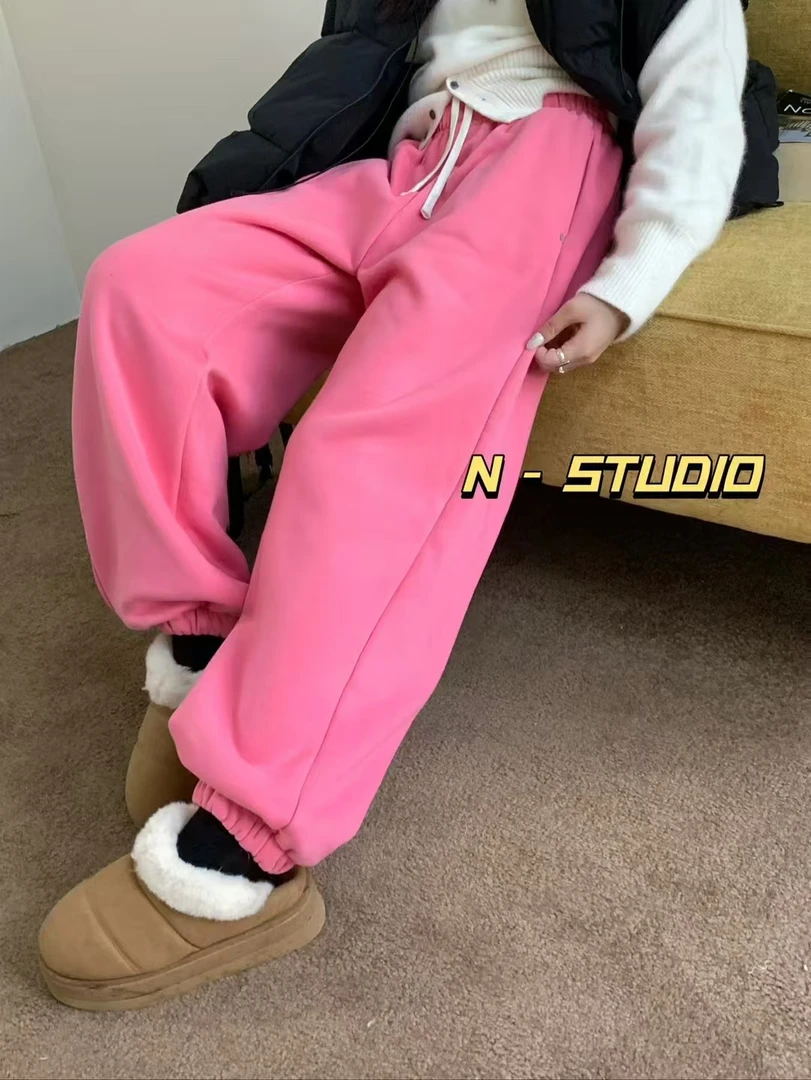 【玫红加绒卫裤】网红直筒时尚休闲百搭宽松复古高腰加绒卫裤