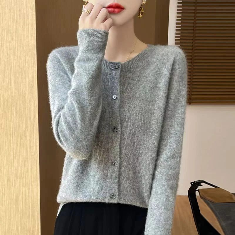 纯羊毛桂花针一线成衣圆领开衫百搭外套