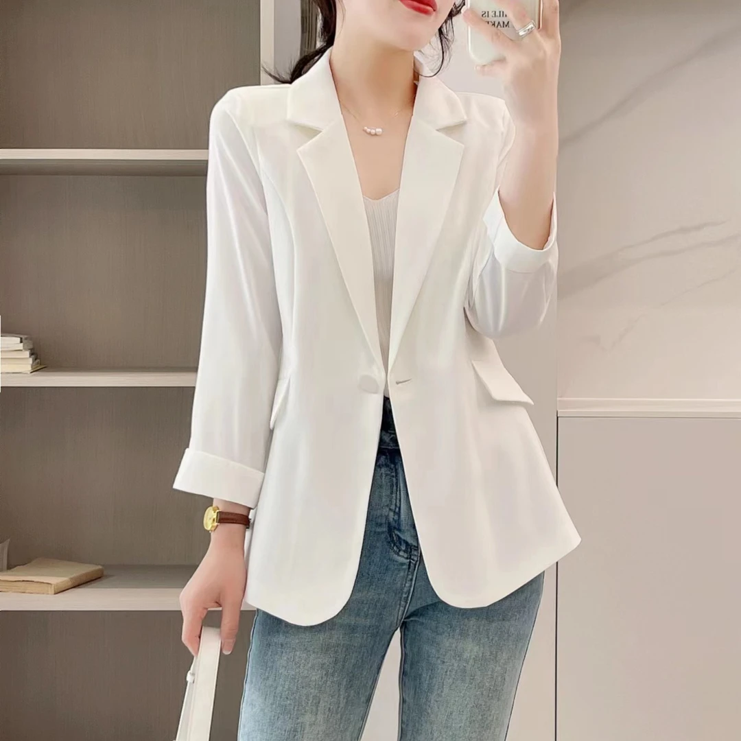 【B681-B690】韩版小西装显瘦白色短款夏季宽松呢子外套中长款