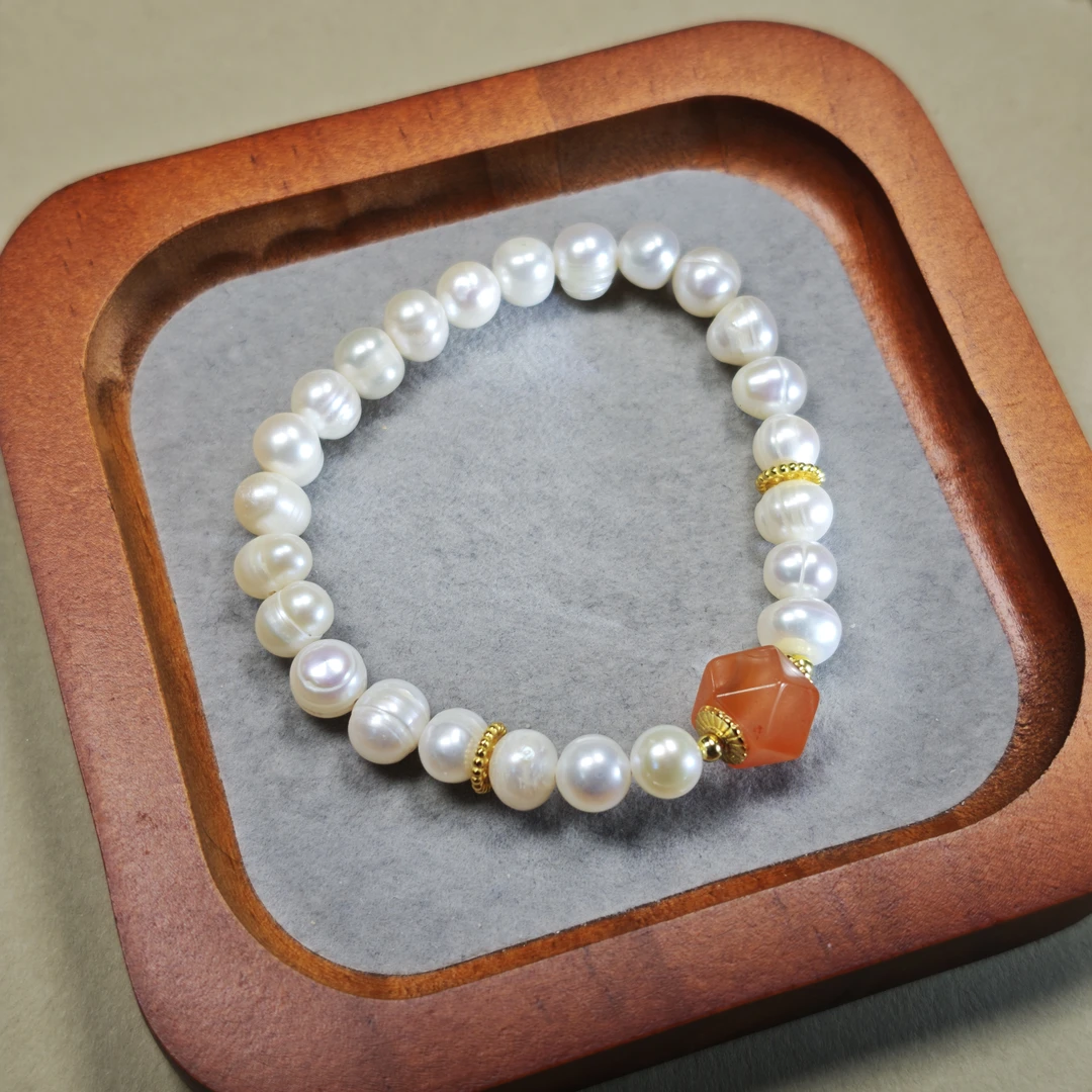 【橘络】物华原创天然淡水珍珠南红魔方撞色小众设计淡雅女手串