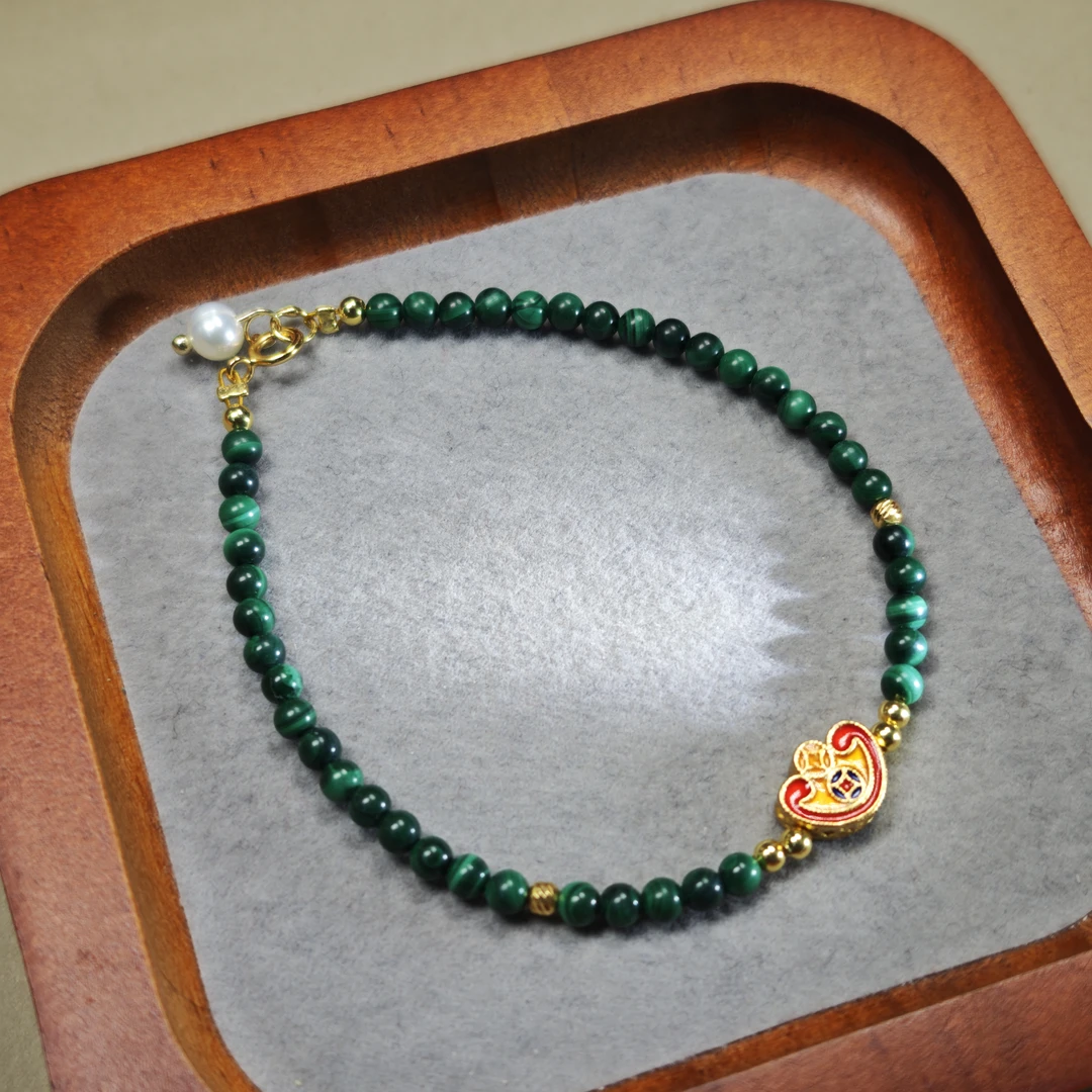 【画屏】物华原创天然孔雀石孔雀开屏精工圆珠3mm复古轻奢女手串