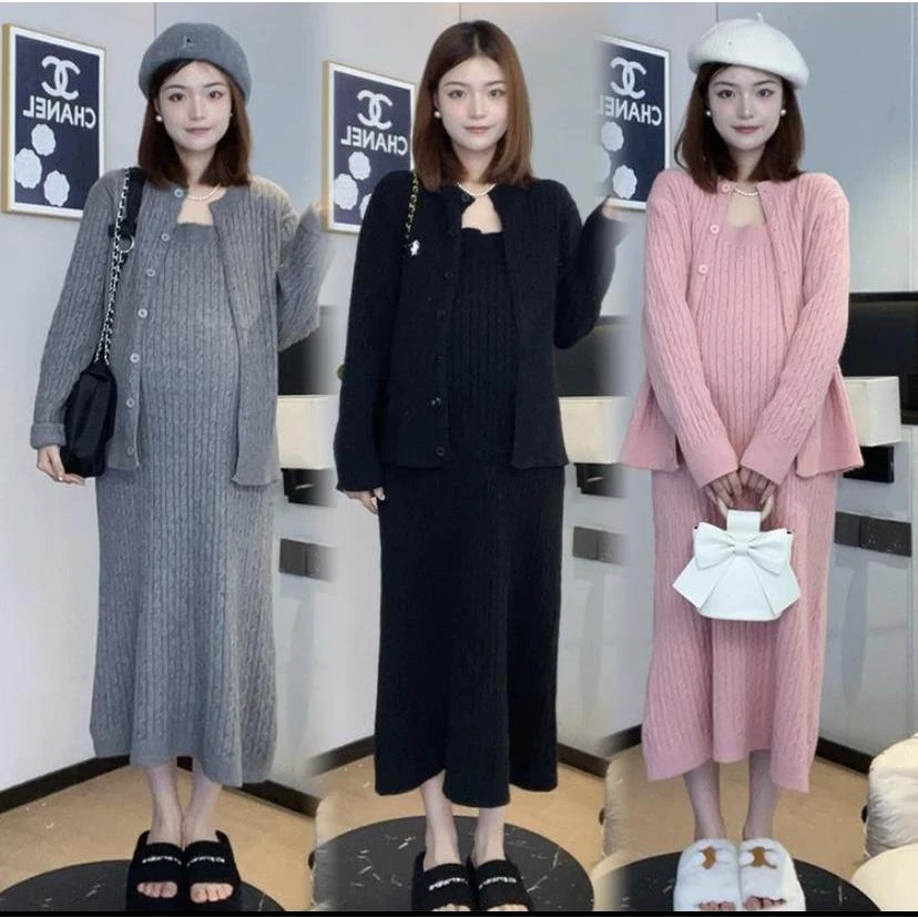 小个子时尚孕妇秋冬显瘦经典刺绣绞花中长款连衣裙两件套